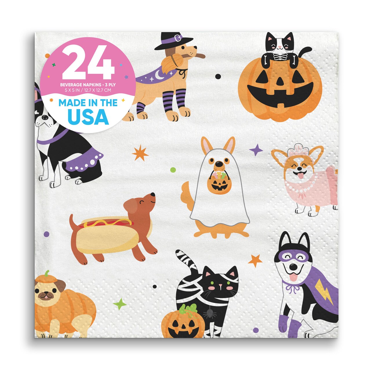 Big Dot of Happiness Halloween Pets Party Napkins, Cat and Dog Costume Party Halloween Decor, White 3-Ply Paper Beverage Napkins - 24 Count